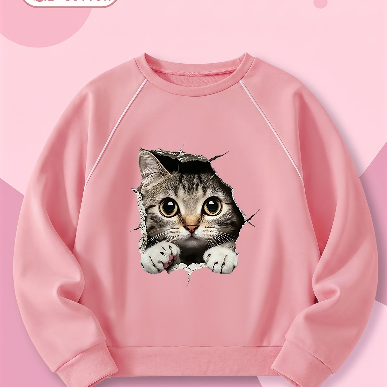 Image of Girls' Spring And Autumn Pure Trendy Fashion Sweatshirt, Cute Cat The Wall Print, 6y-12y Girls' Spring And Autumn Daily Long-sleeve Casual Round Neck Sweatshirt, For Birthday Gifts