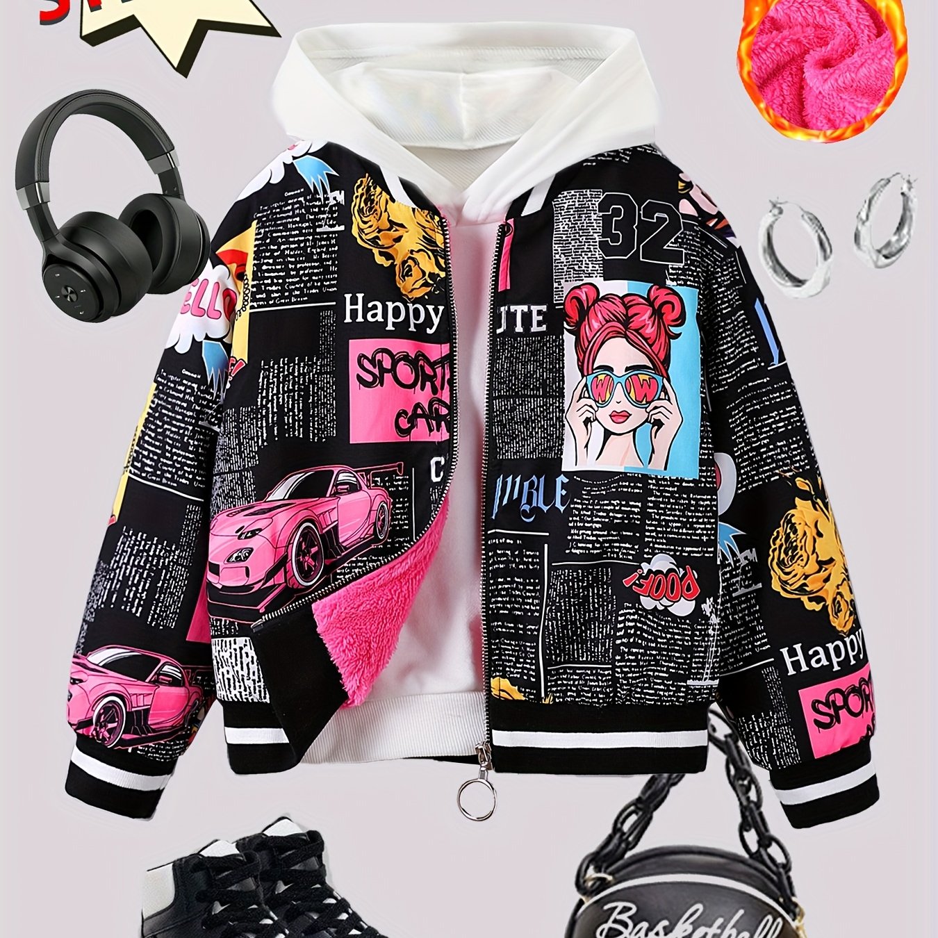 Image of Single Item For, Hoodie Liner Not Included. Girls' Mid To Large Size (130-170cm), Autumn/ Art Print -lined Drop Shoulder Cropped Baseball Jacket, Color-woven Ribbed Zipper Jacket Outerwear