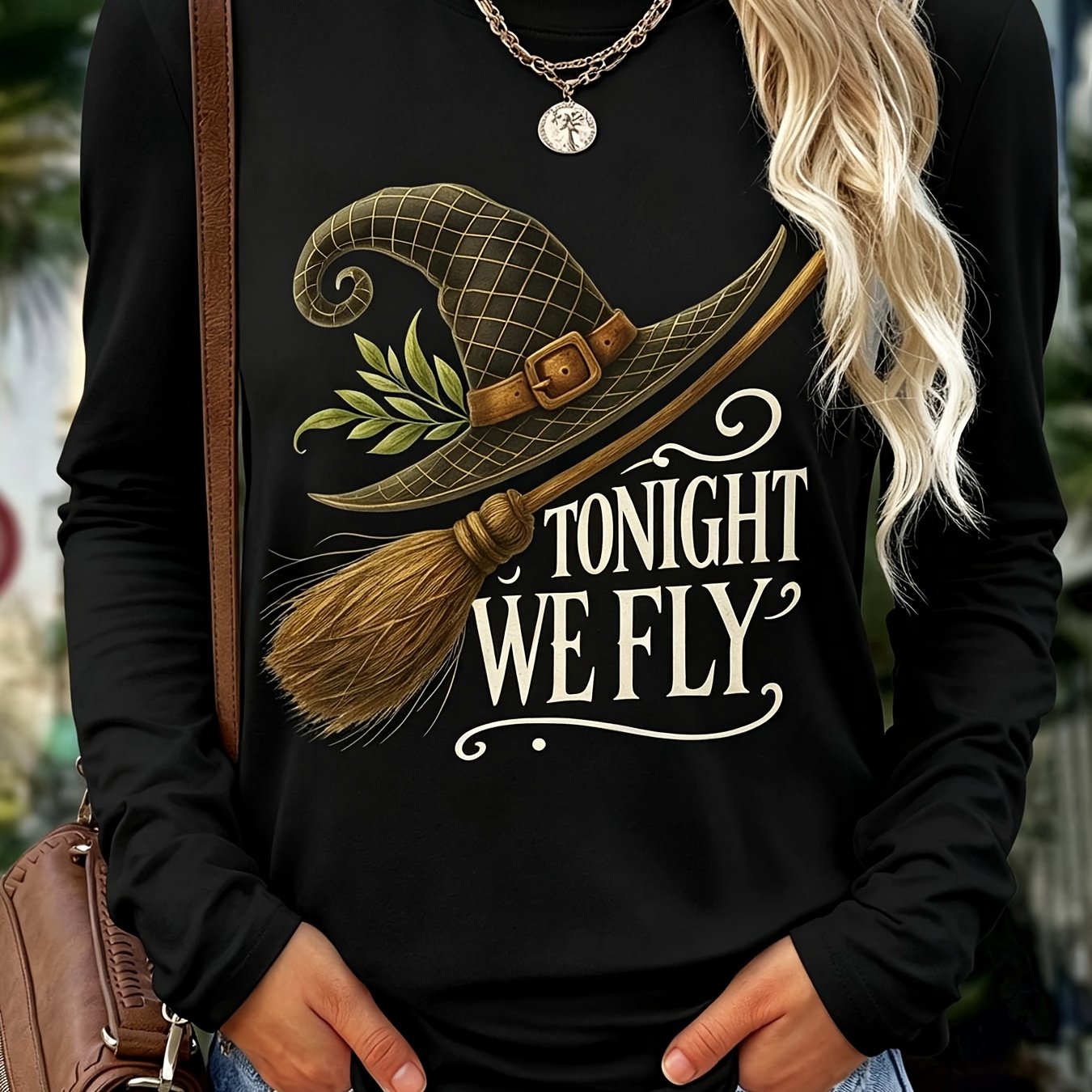 TEMU On Halloween, The Witch Hat Lady Wears A Long-sleeved, Round-neck T-shirt With A Printed Design. A Machine-washable And Breathable Long-sleeved