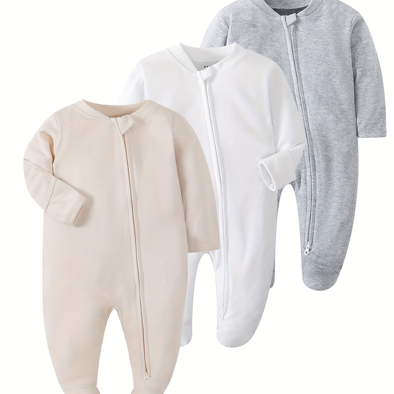 Image of 3pcs Footed Bodysuit Set, Made Of Combed Cotton, With Front Zipper. Suitable For 0-12 Months, Ideal For Home And , Unisex Design, Practical Gift For Spring And Autumn , Perfect For Outdoor