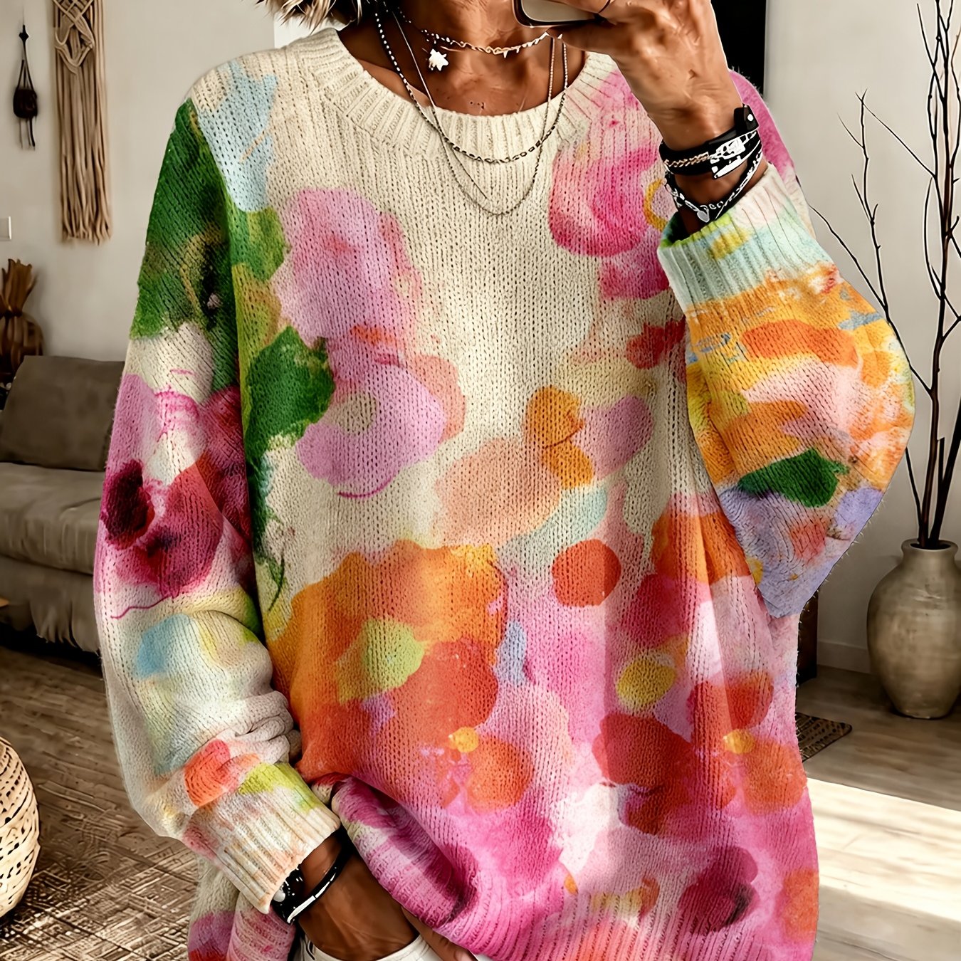 Image of Women's Fashionable Floral Print Tie-dyed Sweater, Casual And Elegant Outfit