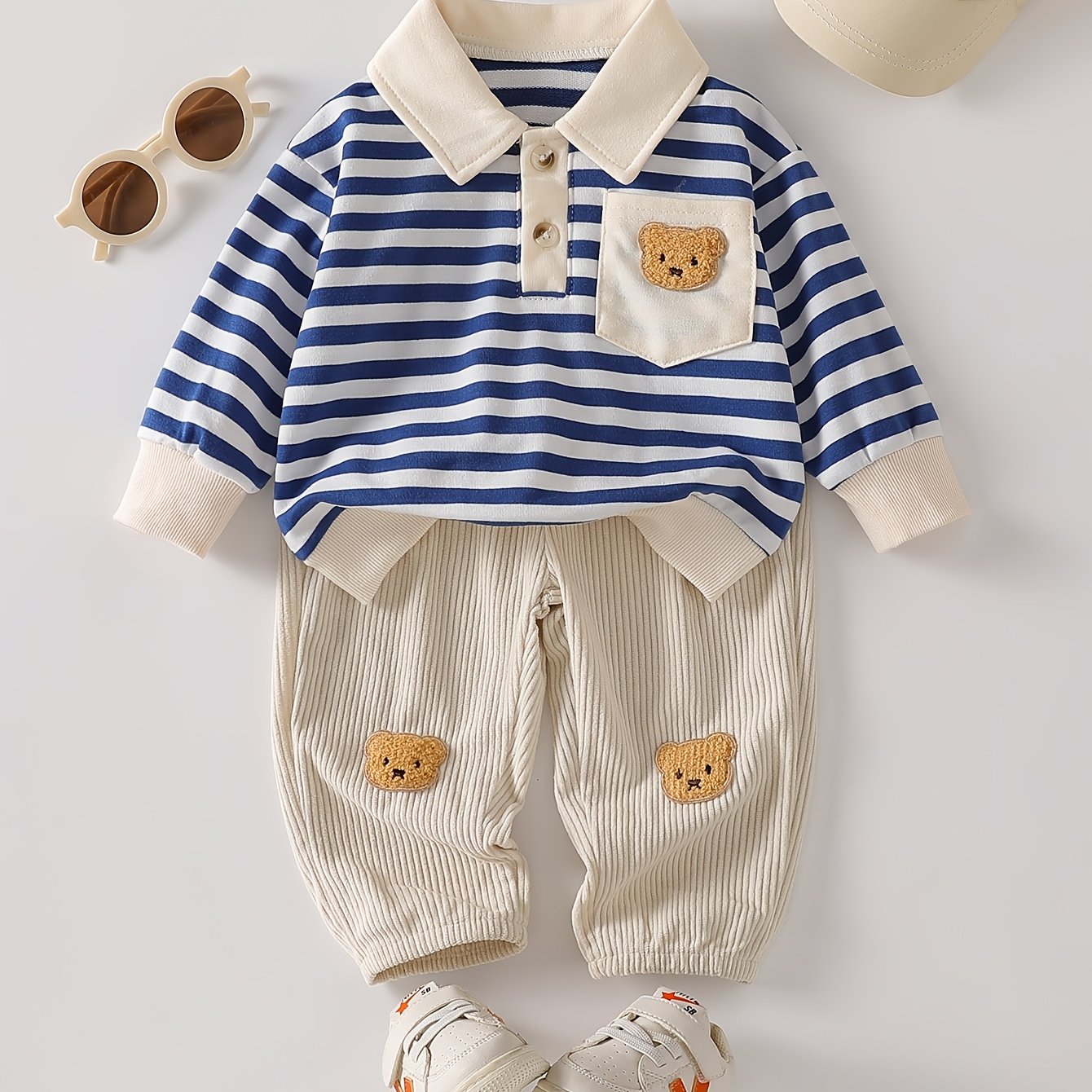 2pcs Baby Boy Set, Loose Fit, Drop Shoulder Blue And White Striped Neck Shirt, Corduroy Casual Pants, Comfortable And Versatile, For Outdoor