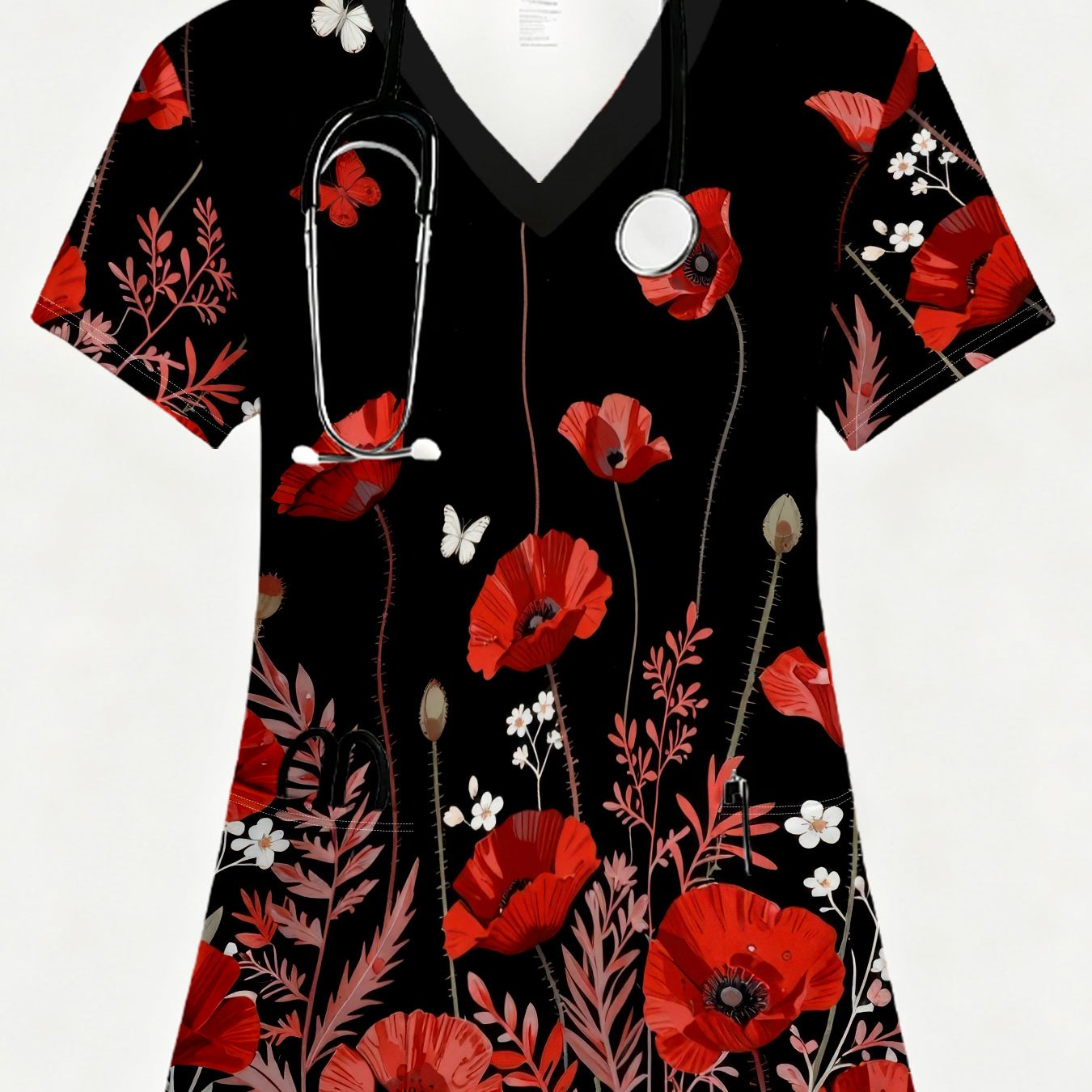 TEMU A Lady Nurse Uniform With Full-body Printing, White Background, 2 Pockets, V-neck, Red Poppies And White Butterflies Pattern, Nurse Work Top,