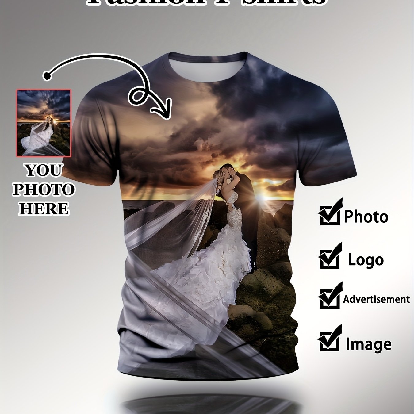 TEMU Customizable Printed T-shirts, Crew Neck T-shirts Men And Women, Casual Summer Short Sleeve Tops, Slightly Stretchy, Heat Transfer Streetwear,