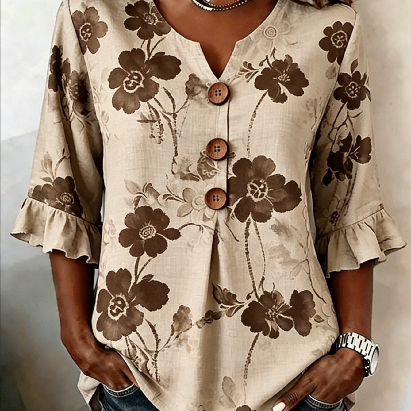 Plus Size, Plus Size Women's V-neck Button- Autumn Fabric Gray-black Printed Casual Top, Suitable For Daily Wear, Is For Mothers And Sisters