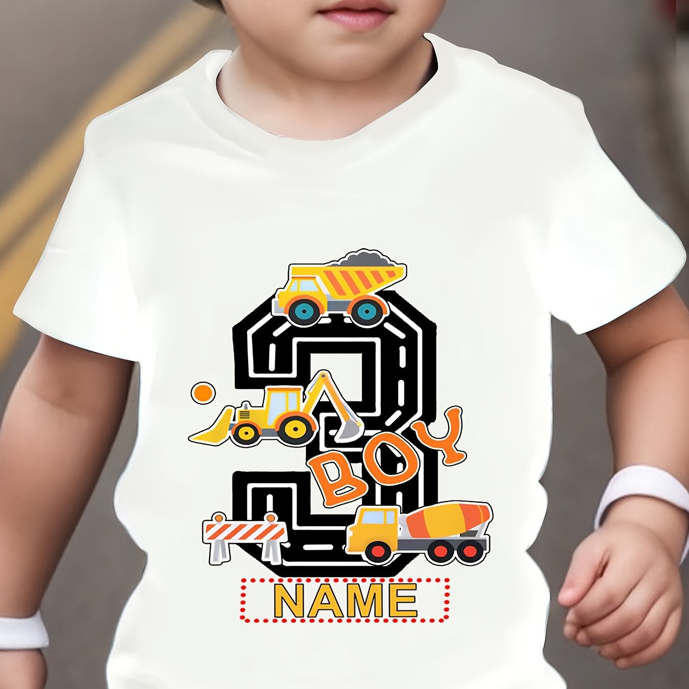 Image of Customized Product, Personalized Name T-shirt For Birthday, Truck Transportation Cartoon Print Pattern, Boys' Fashion Short Sleeve T-shirt, Creative Kids Round Neck Short Sleeve Casual Top