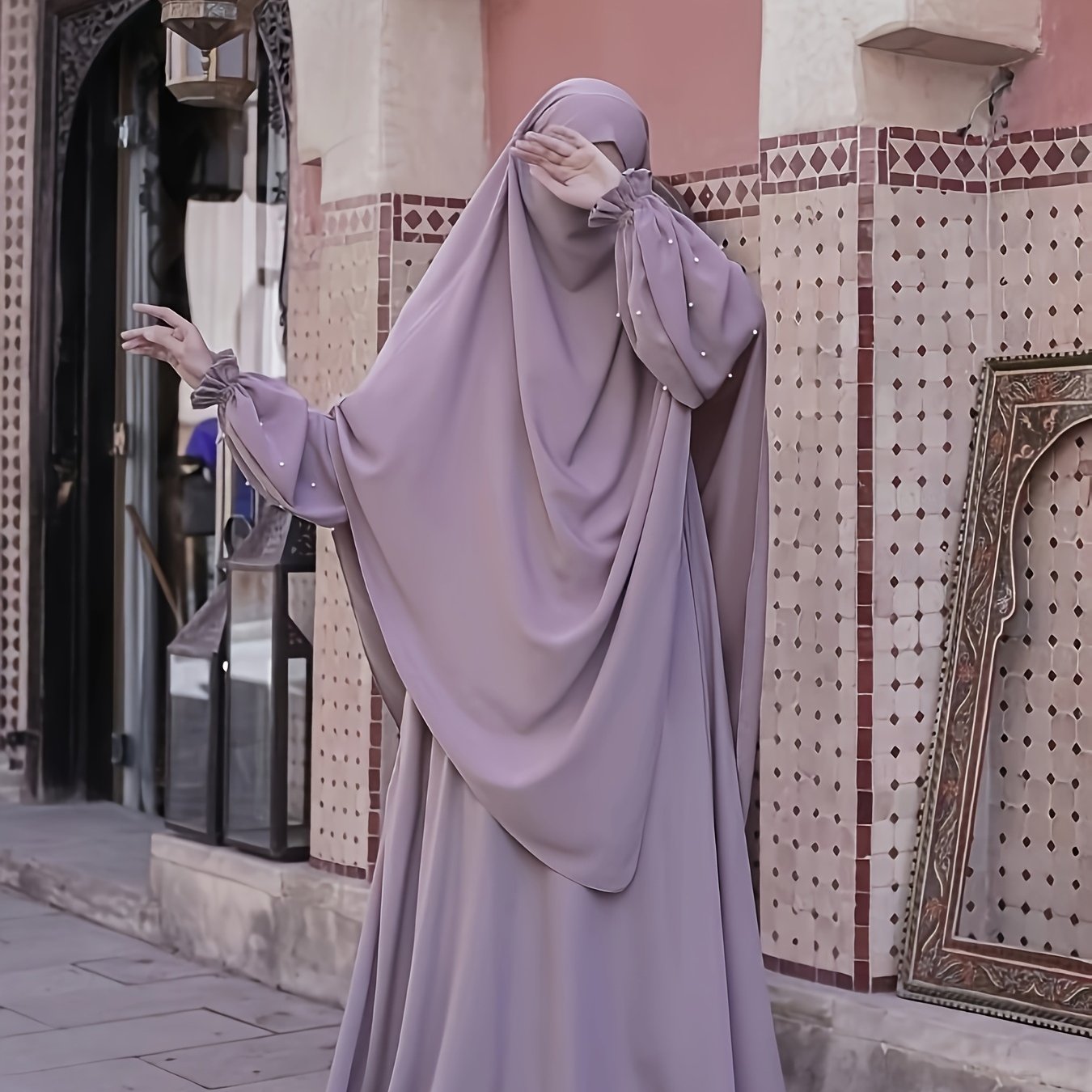 Image of Middle Eastern Solid Color Women's Robe With Pearl Sleeves Dress And Long Scarf 2pcs Set, Ideal For Women' Wear, Travel, And Ramadan
