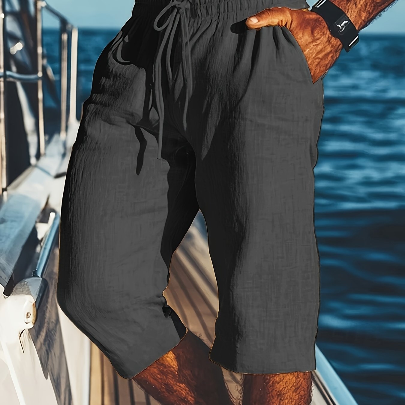 E-shop Herren Frühling Sommer Neue Lockere Bequeme Lässige Leinen Atmungsaktive Sportliche Strand Capri Shorts, Vielseitige Lockere 3/4 Länge Shorts,