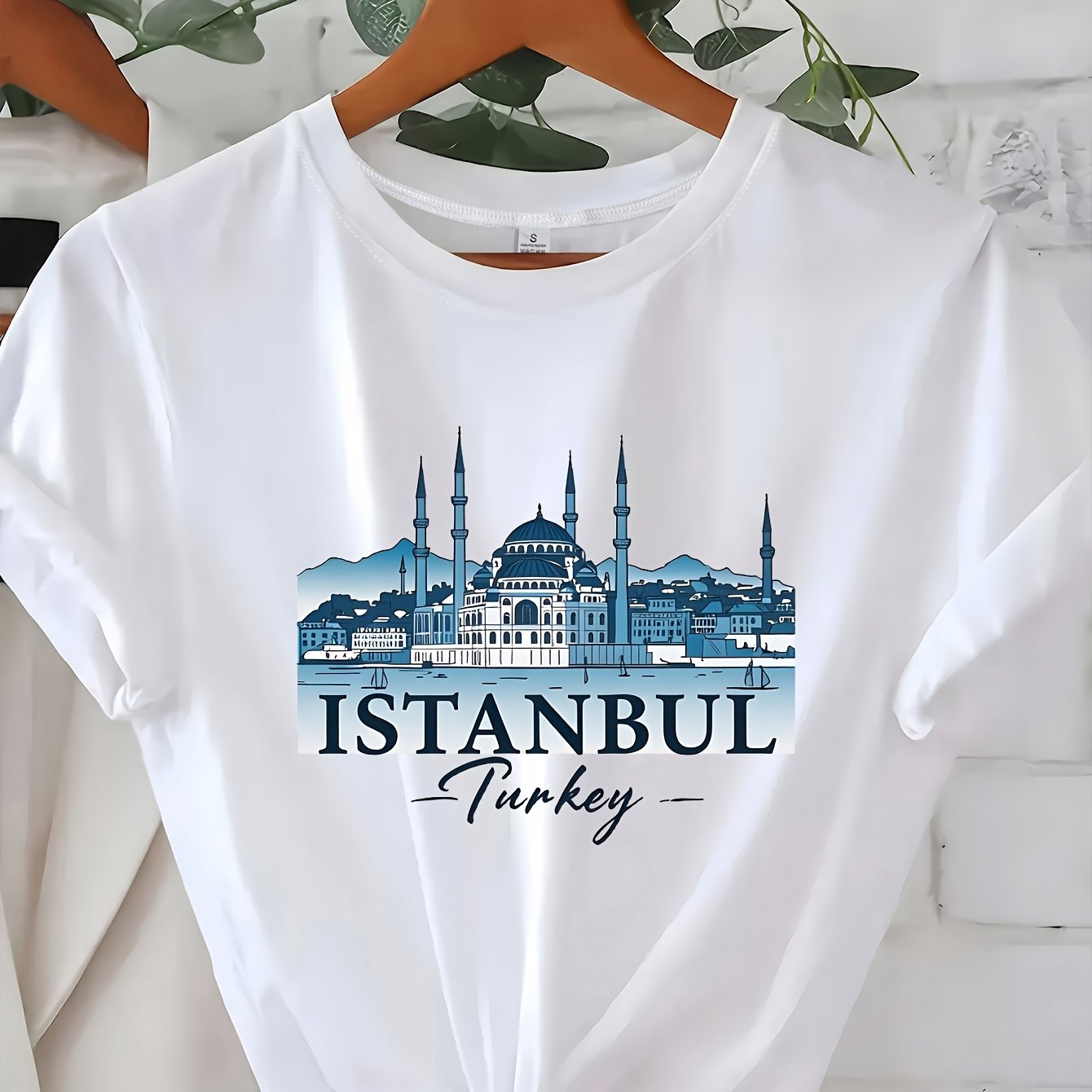 TEMU Women's Istanbul Turkey Cityscape Print T-shirt - White Casual Short Sleeve Round Neck Polyester Top With Iconic Landmarks, Machine Washable Tee