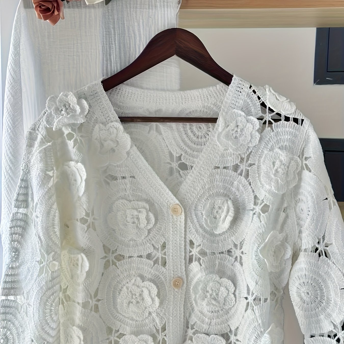 TEMU 2026 Spring/summer New Floral Print Front Button Water-soluble Lace Three-dimensional Flower Cardigan For Daily Wear, Travel, And Festivals