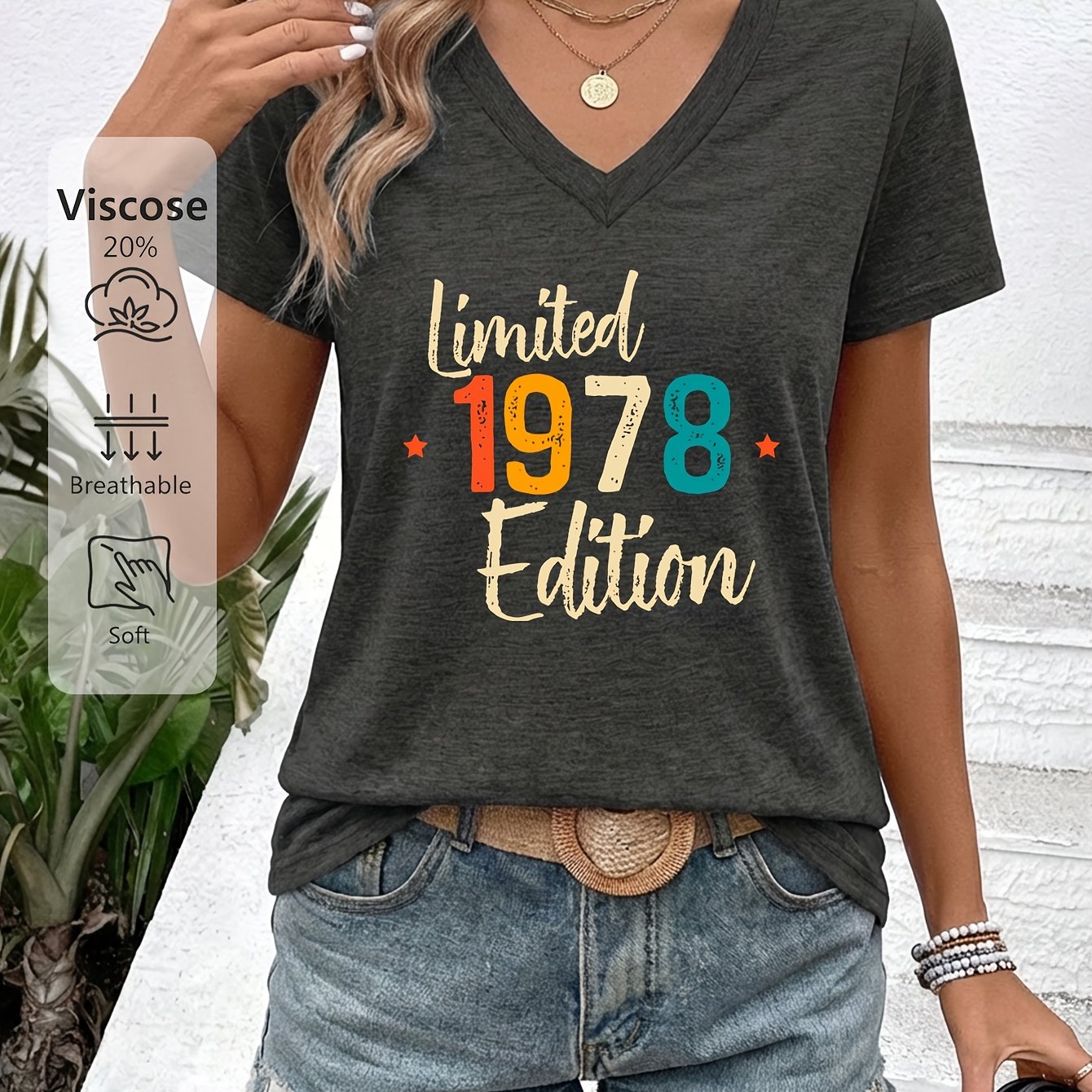 TEMU Women's Summer V-neck Short Sleeve T-shirt, 1978 Edition Contrast Number Print -friendly Fabric Birthday Commemorative Style Daily Top 1620x