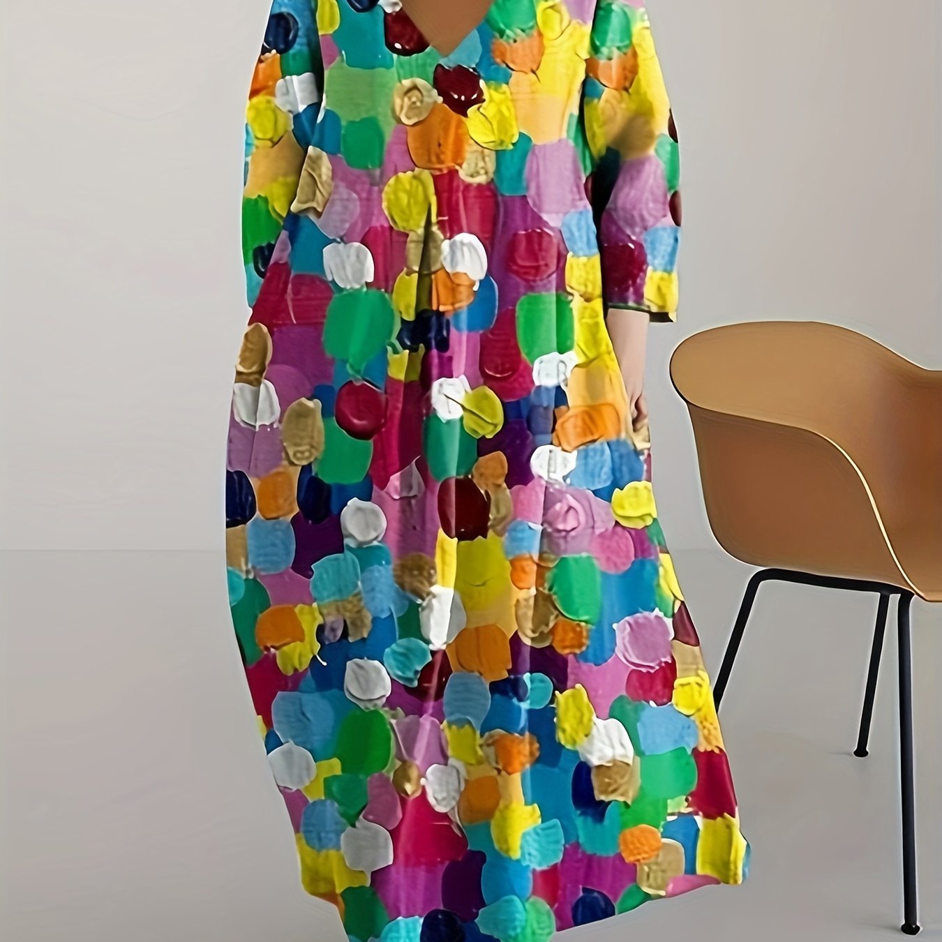 Image of Plus Size, Vintage Women's Long Sleeve Flared Maxi Loose Floor-length Dress With Printed Pockets, V-neck Party Gown, Elegant Robe