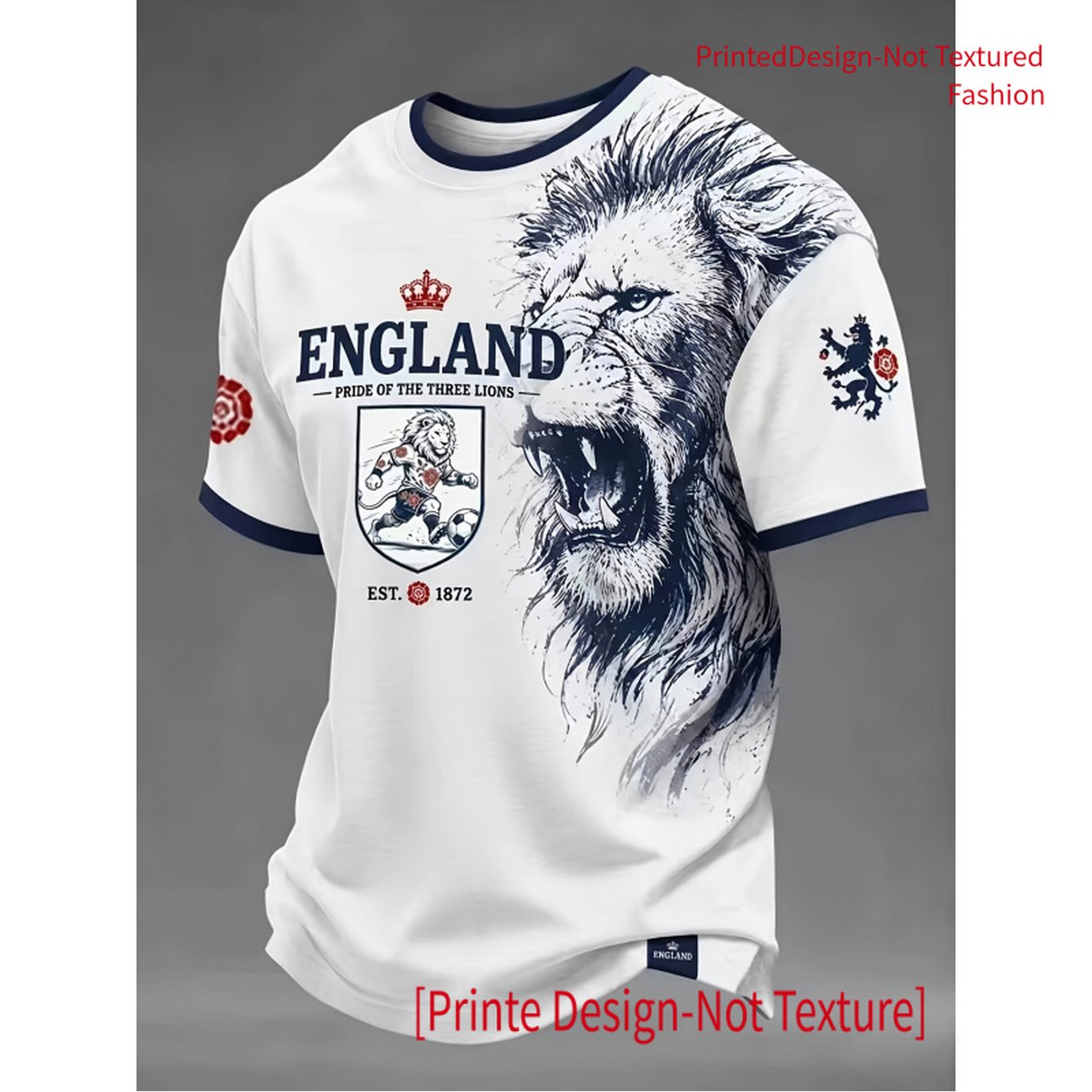 TEMU Printed Design - Not Textured, Fashionable Style, Roaring England Lion Football Graphic T-shirt, Youth Sportswear, Daily Wear