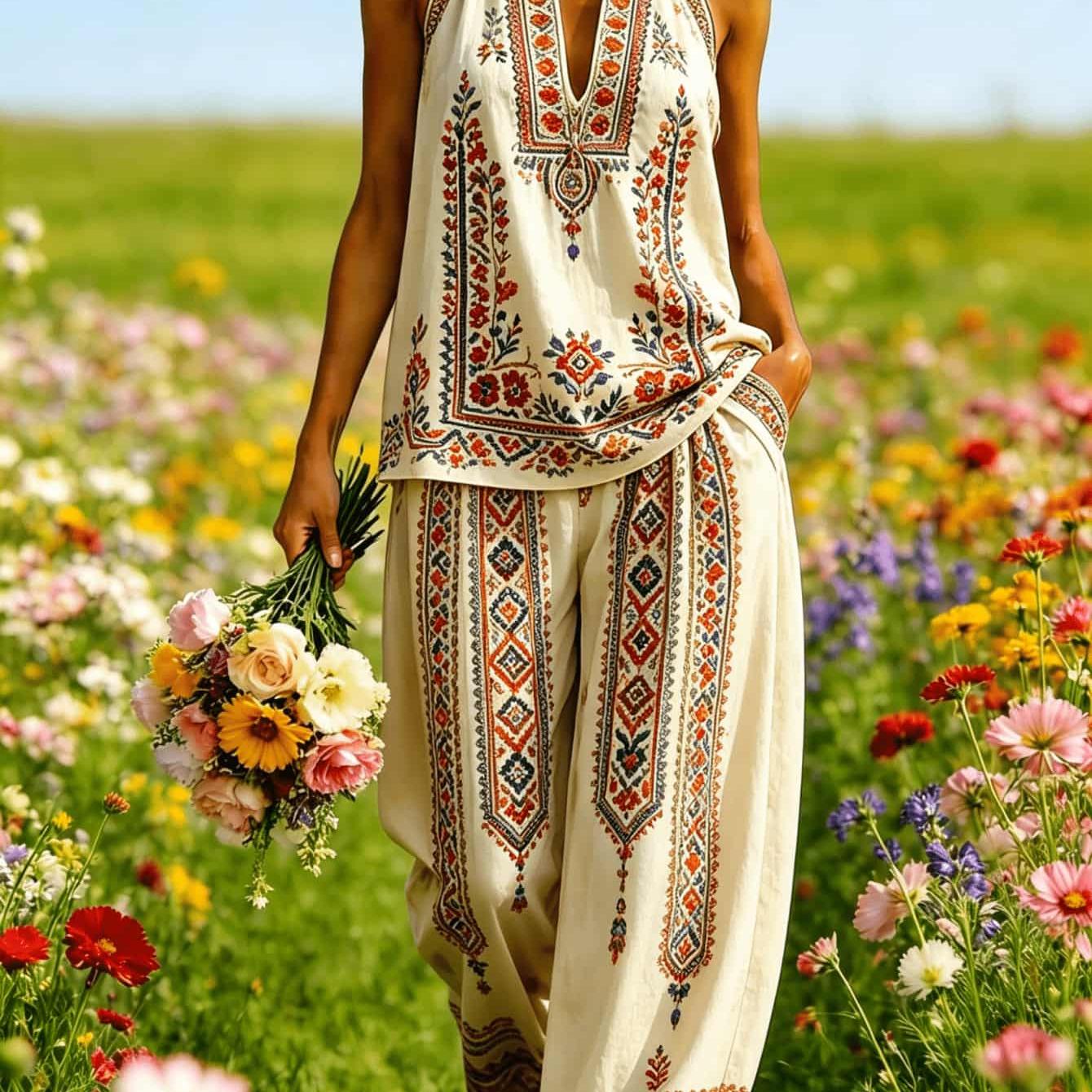 Image of Plus Size, Women's Bohemian Colorful Tribal Ethnic Embroidery Print Halter Deep V Neck Sleeveless Top Matching Wide Leg Harem Pants Holiday 2pcs Set