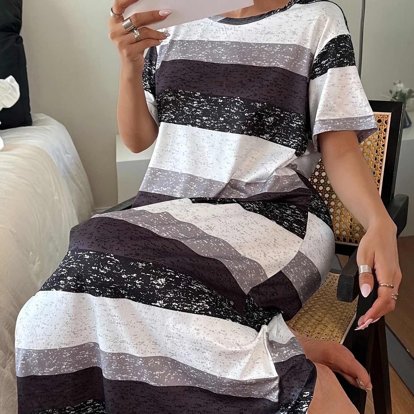 TEMU Women's Casual Striped Print Loose Long T-shirt Pajamas