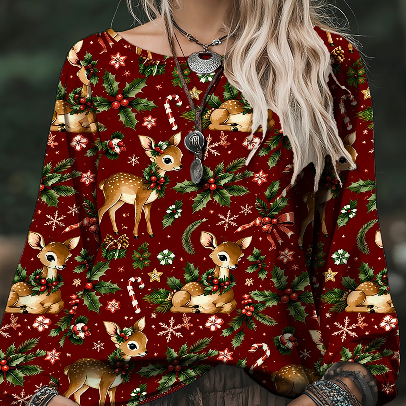 TEMU Plus Size, 2026 New Loose Neck Long Sleeve Top, Red Base With Cartoon Deer, , Candy Cane, Snowflake, Fun Christmas Long Sleeve Top