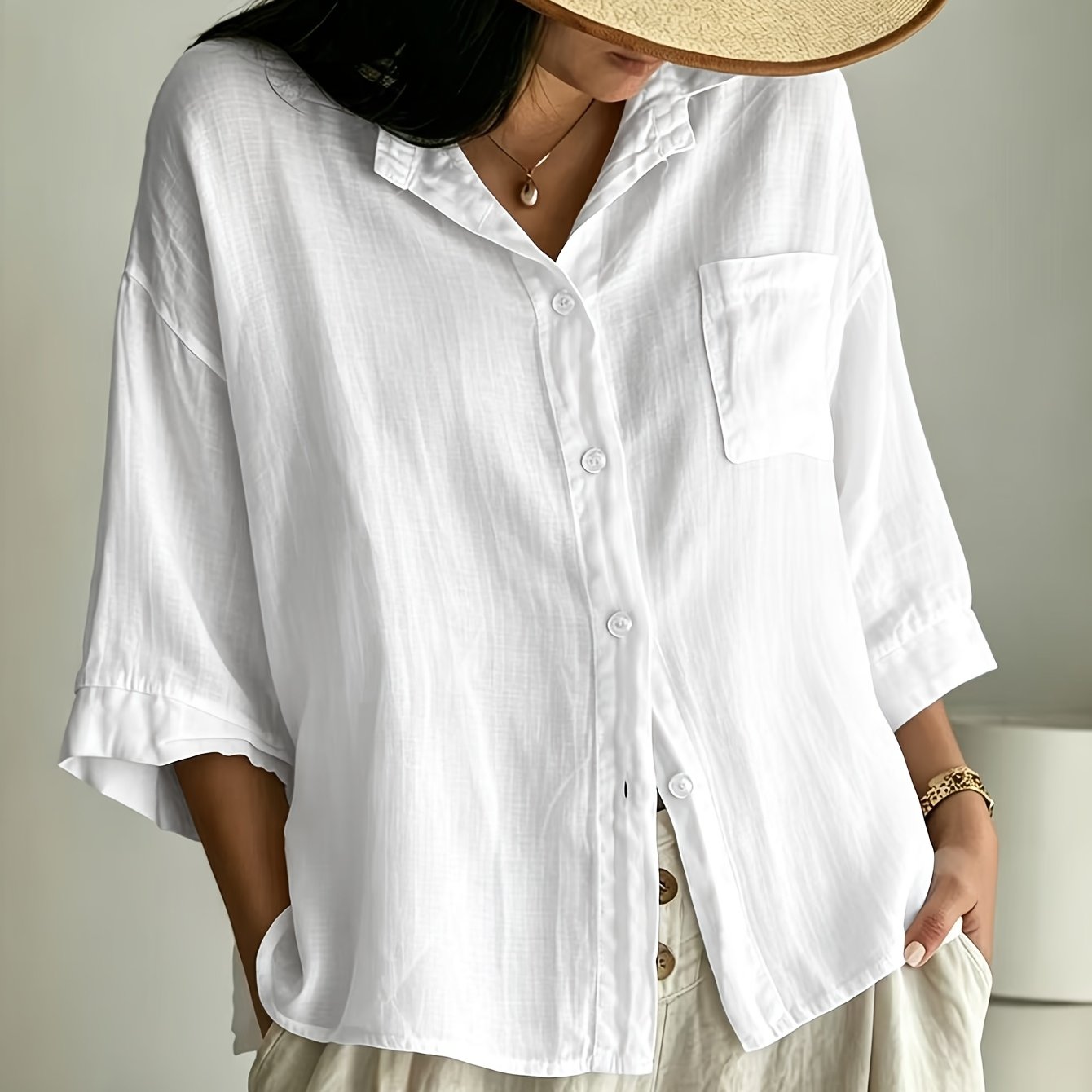 Image of Spring Summer New Women's Shirt, Solid Color Women's Fashion Casual, Sunny Shirt, Beach Vacation Wilderness Fixed Line