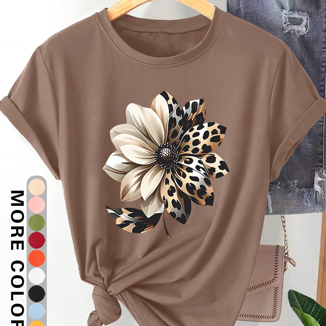 TEMU Camiseta extragrande de manga corta para mujer de talla grande - Estilo blusa con estampado de leopardo y floral, adecuada para desplazamientos,