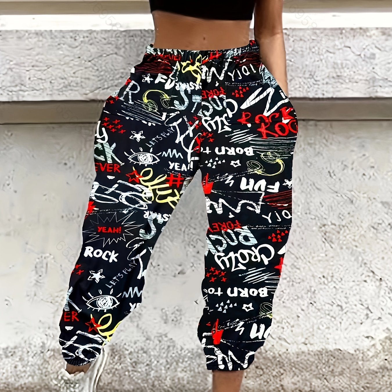 Image of New European And Comfortable Casual Letter Print Stretch Waist Women's Long Pants