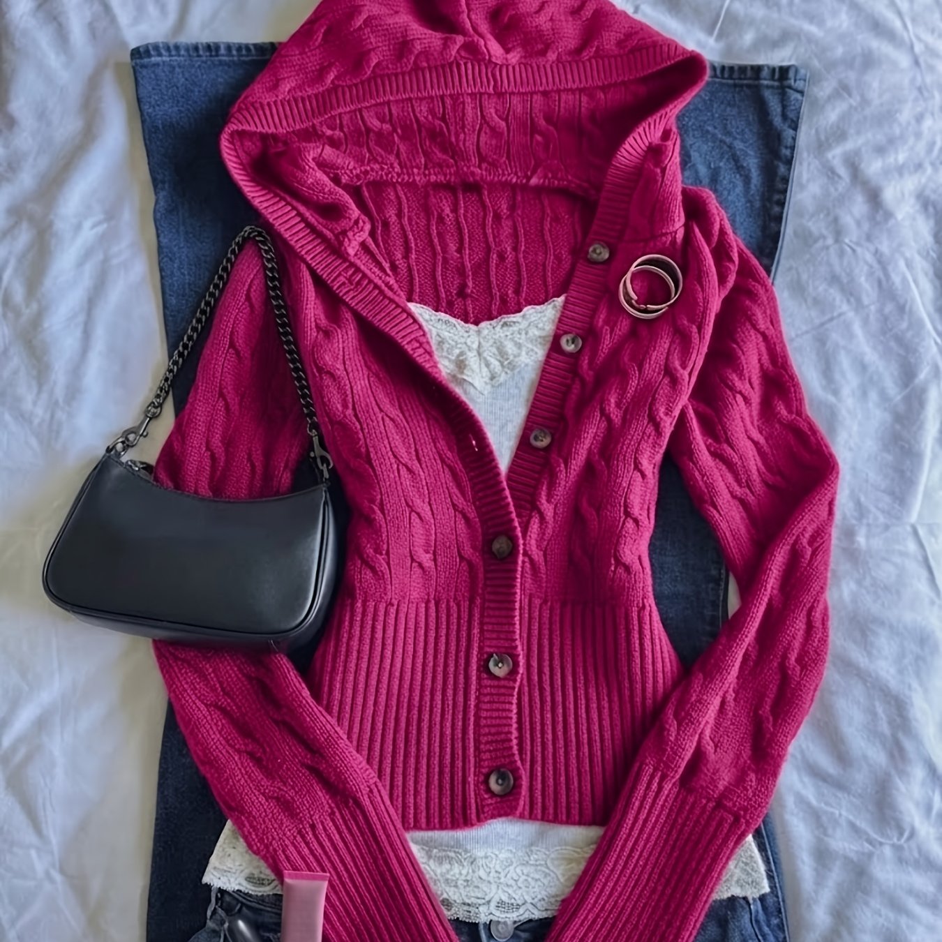 TEMU White Hooded Cable Cardigan Button Front Slim Fit Cropped Long Sleeve Sweater (sweater )