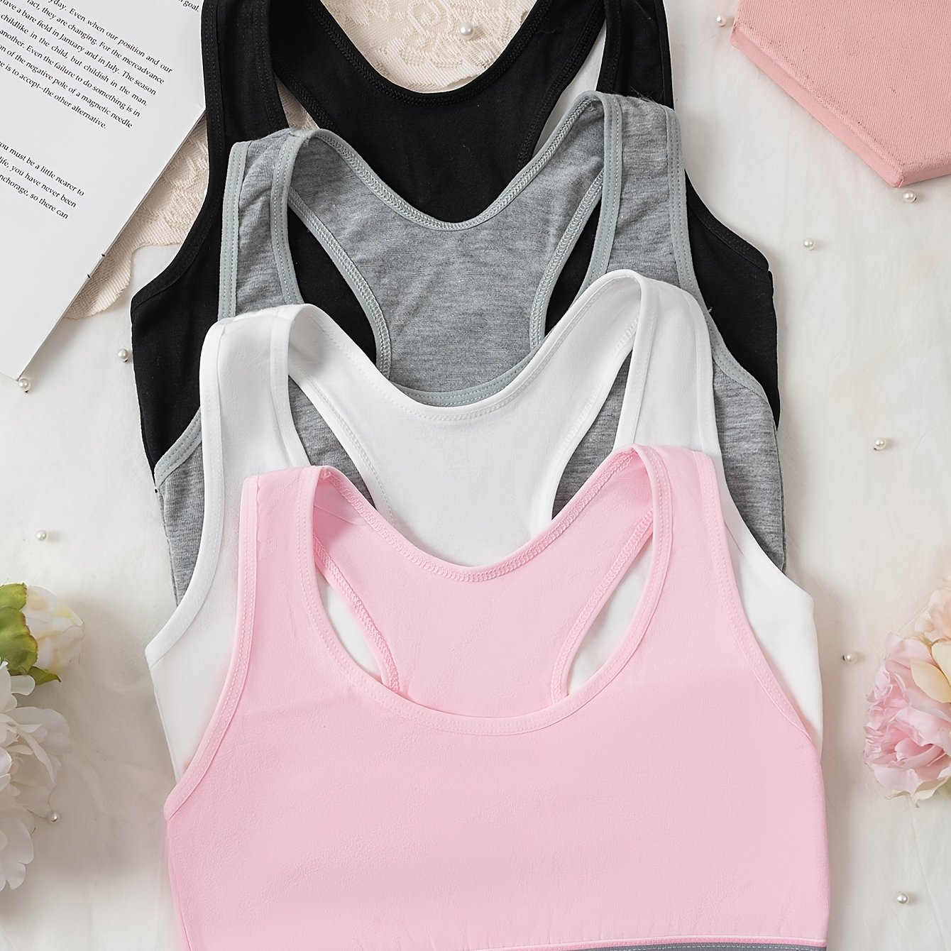 Image of Random 4pcs Set Of Girls' Underwear, Training Bra For Teenagers, Wireless Vest Without Chest Pad, Comfortable And Suitable For Girls Aged 7-12