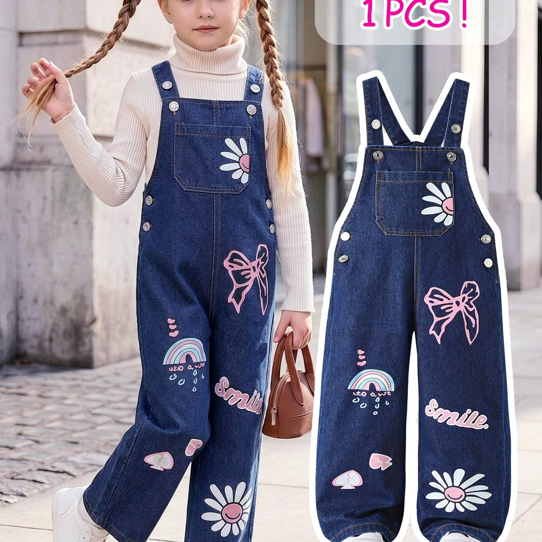 Image of Girls' Denim Overalls, , Fitted, Cute Cartoon Print, Outdoor, Everyday Wear, Back-to-, Side Button Denim Overalls (inner Layer For Photoshoot , Not For !), For Outdoor