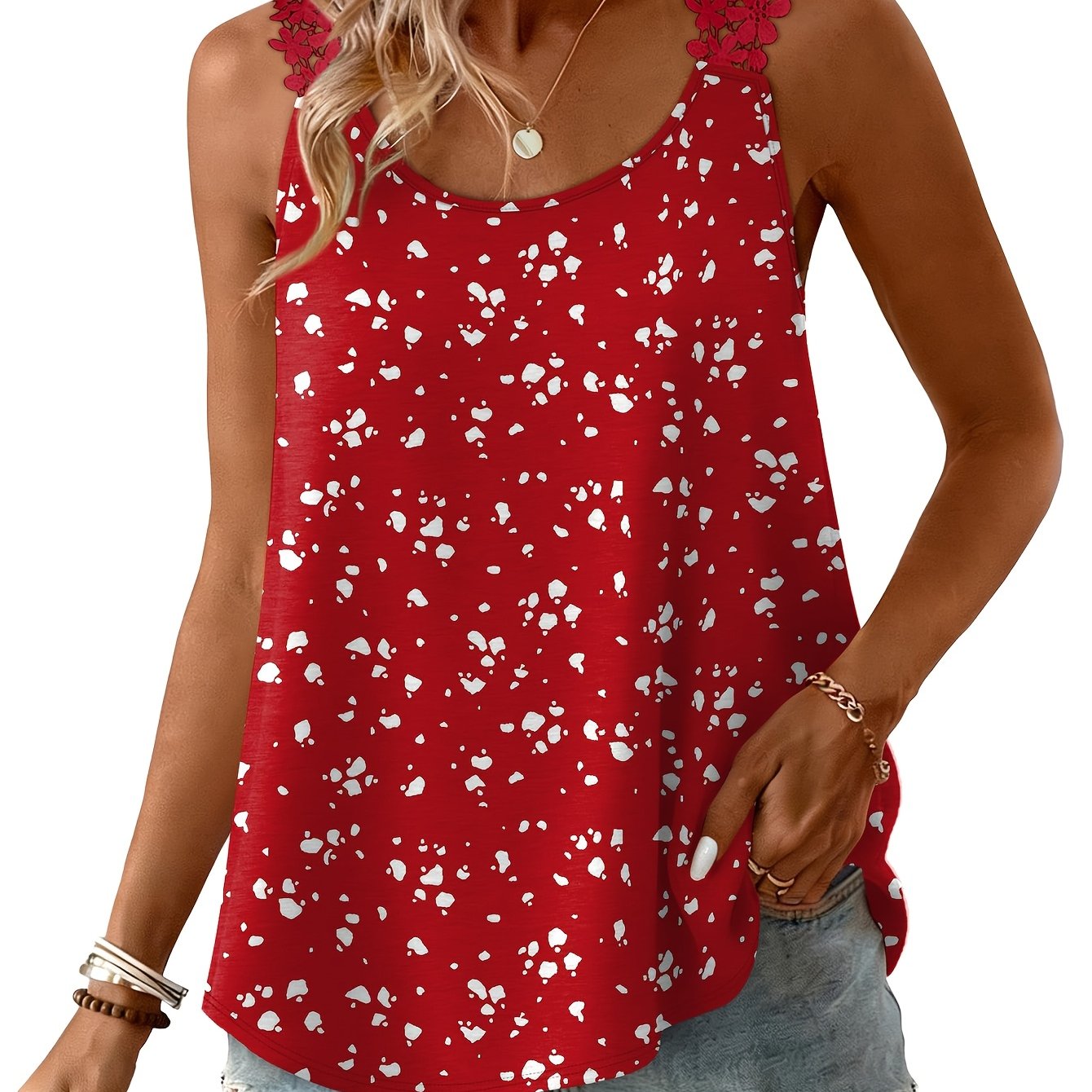 TEMU Women's Fashion Sleeveless Round Neck Lace Top, Comfortable Beach Vacation Wear, Elegant Lace Strap Sleeveless Tank Top