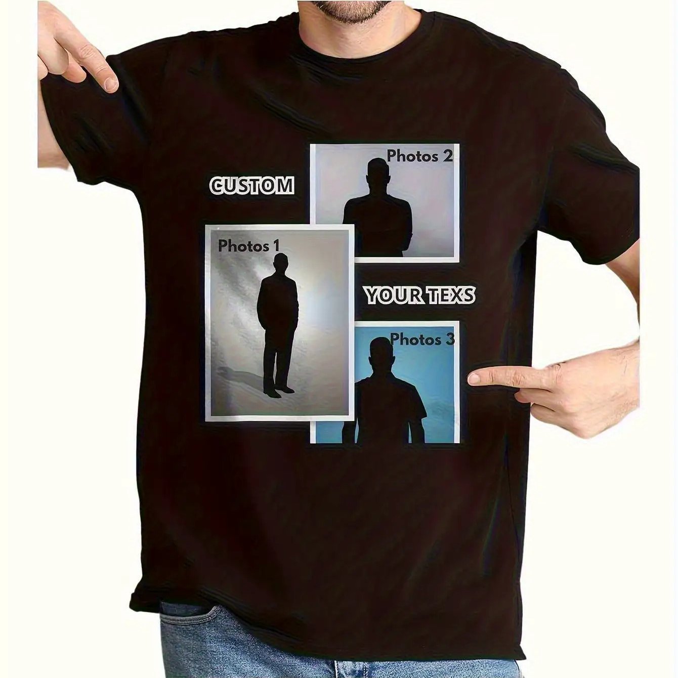 TEMU Personalized Custom T-shirt, Includes 3 Photos And Text, Birthday Gift For , Lovers, , Parties, Birthday Teams, Sports, Casual, Business,
