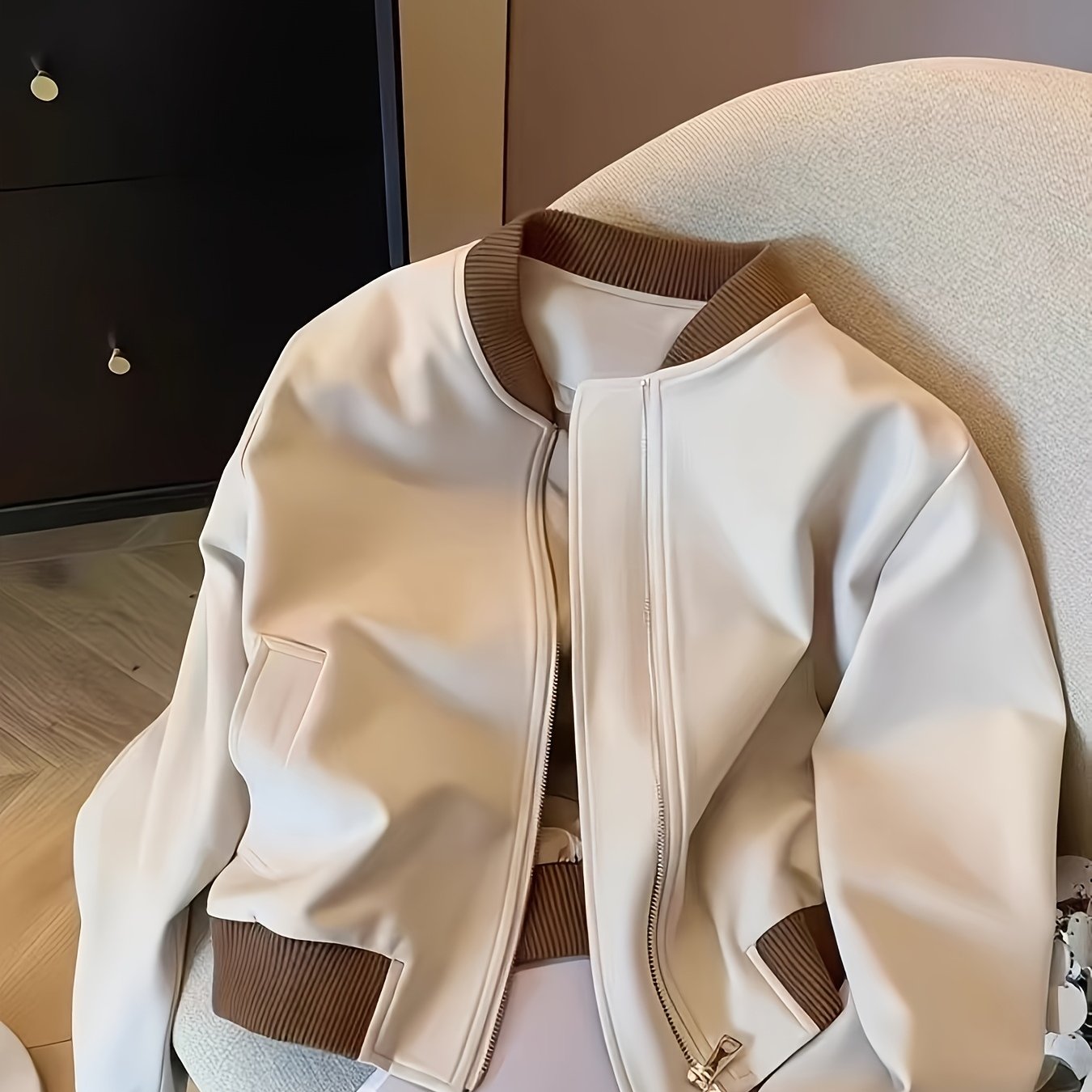 TEMU Women's Casual Zipper Color-block Jacket With Pockets, Elastic Cuffs And Hem, Wearable Coat
