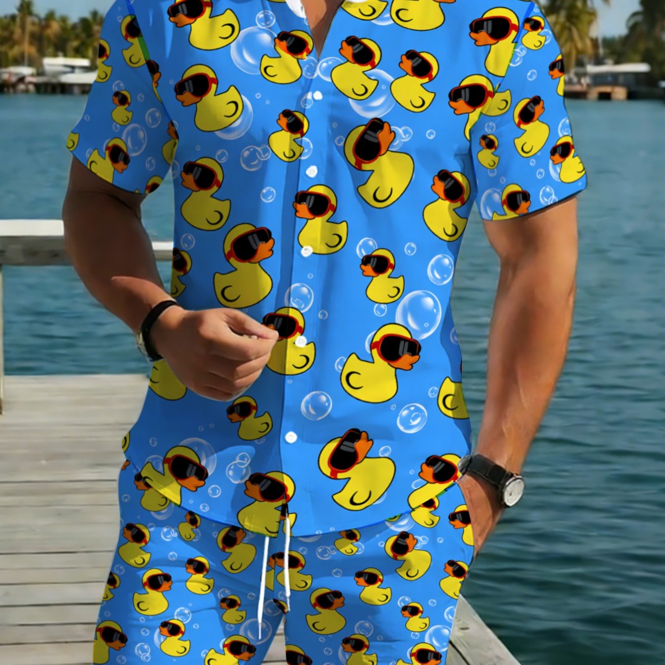 TEMU Men's Casual Hawaiian Shirt And Shorts Combo, Lightweight Polyester, Blue With Yellow Duck Pattern, Ideal For Outdoor Fun, Comfortable And