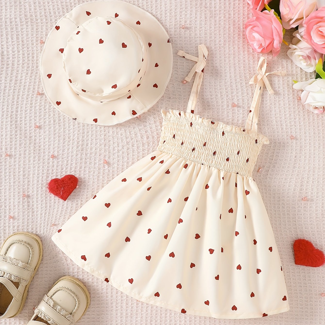 Image of Perfect For Outdoor Activities, This Two-piece Set For Baby Girls Includes A Dress With A Peach Heart Pattern And A Matching Hat, Featuring A Drawstring Suspender Design