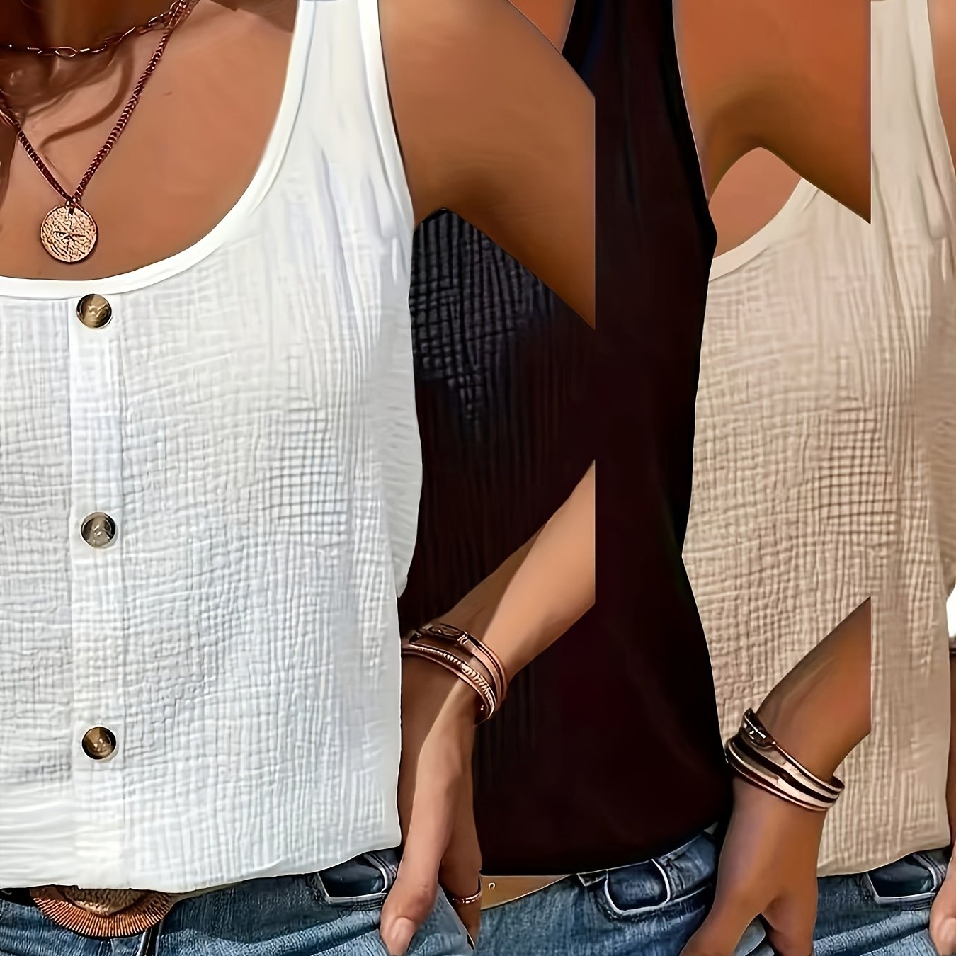 3-pack Elastic Texture Versatile Vests | Elegant Scoop Neck, Solid Color, Summer Season, Button Details