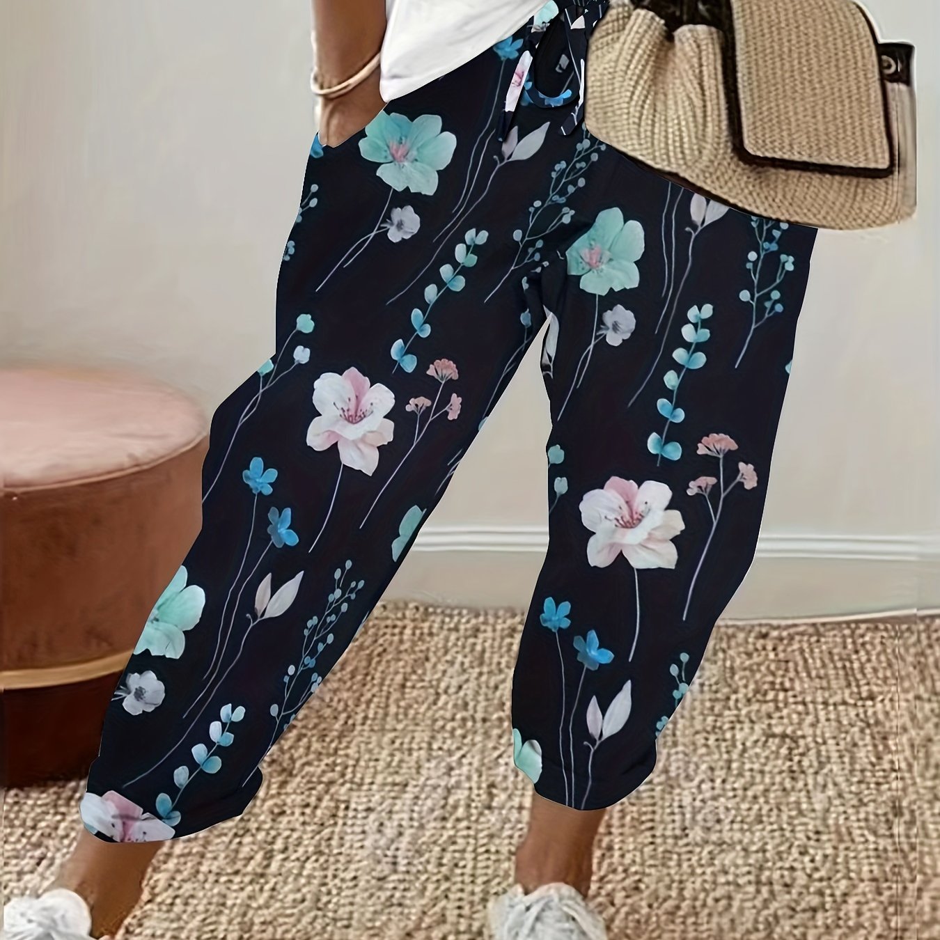 Floral Print Two-Tone Pants Style 241270
