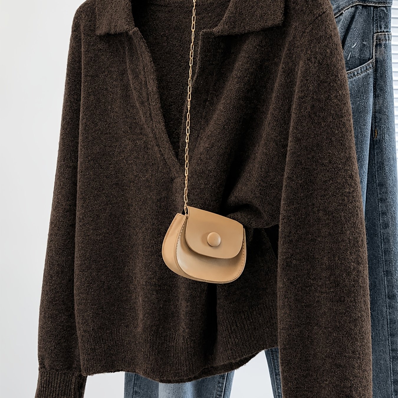 TEMU Neck Solid Easy Versatile Pullover Sweater, Autumn Winter Loose Casual Lapel Gray Top, Fashionable Temperament Women's Clothing