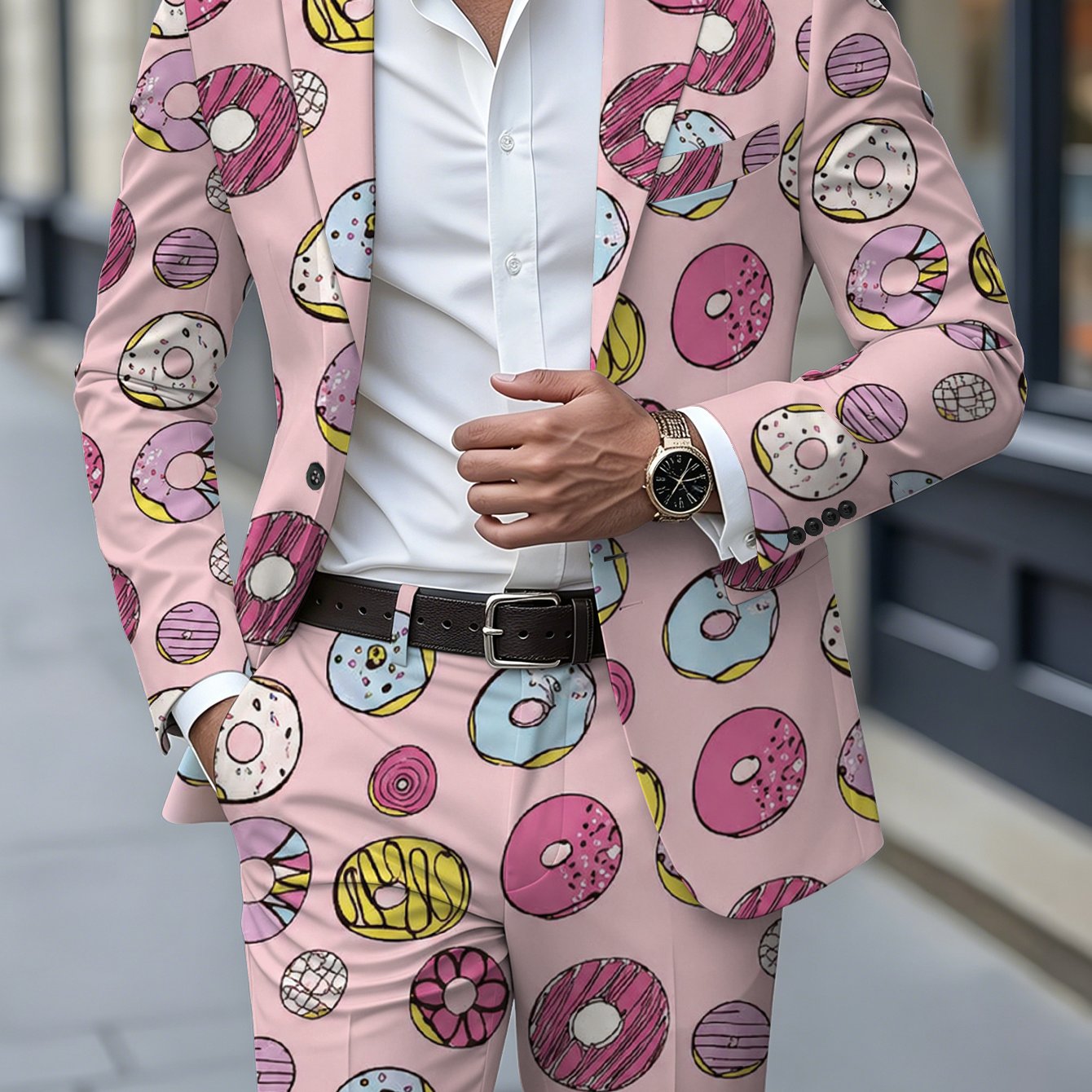 TEMU Heren 2-delige pak en broek set, zoete stijl print, complete pak set, donut element, herenpak, formele kleding set, zachtroze tint, casual pak