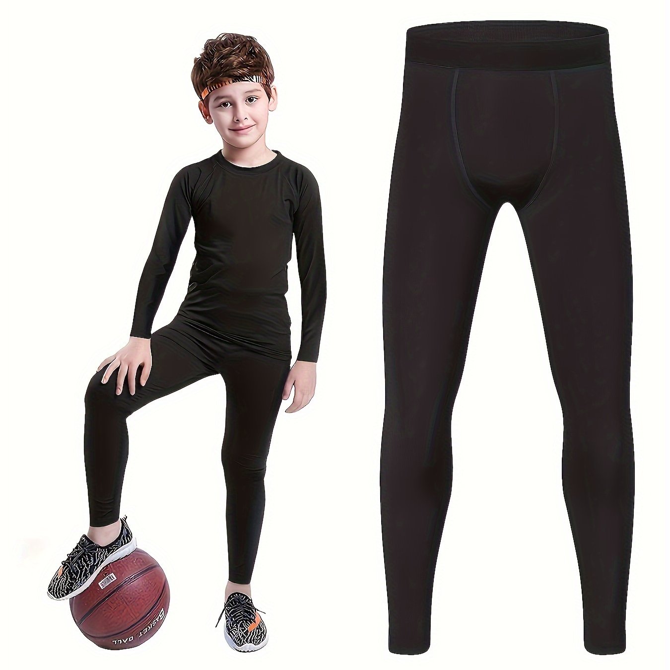  Boys Leggings Quick Dry Youth Compression Pants Sports Tights  Basketball Base Layer Black XS