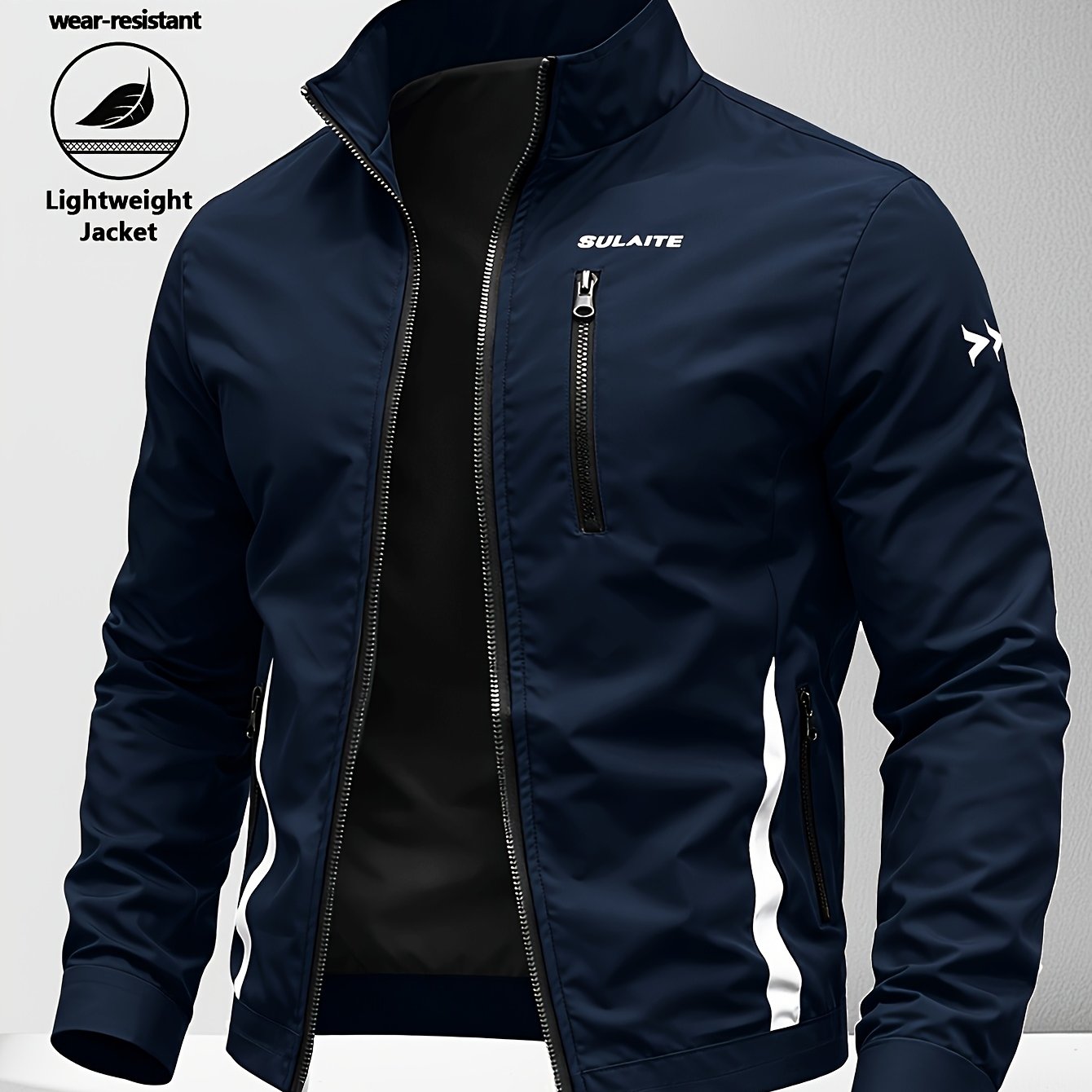 TEMU Veste pour Homme Coupe Ajustée à Col - Style Sportif Décontracté Tendance Printemps/Automne, Vert Foncé à Rayures Blanches, Tissu , Lavable en