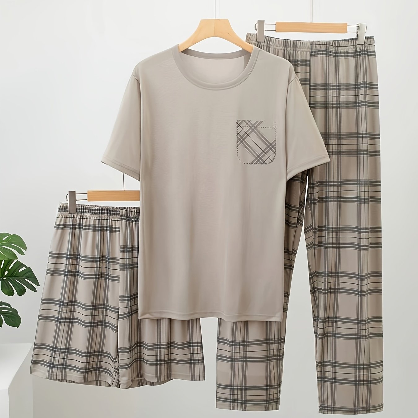 TEMU 3pcs Men's Lightweight Short Sleeve Pajama Set, Short Sleeve Top And Long Pants, Wear Set, Summer Style