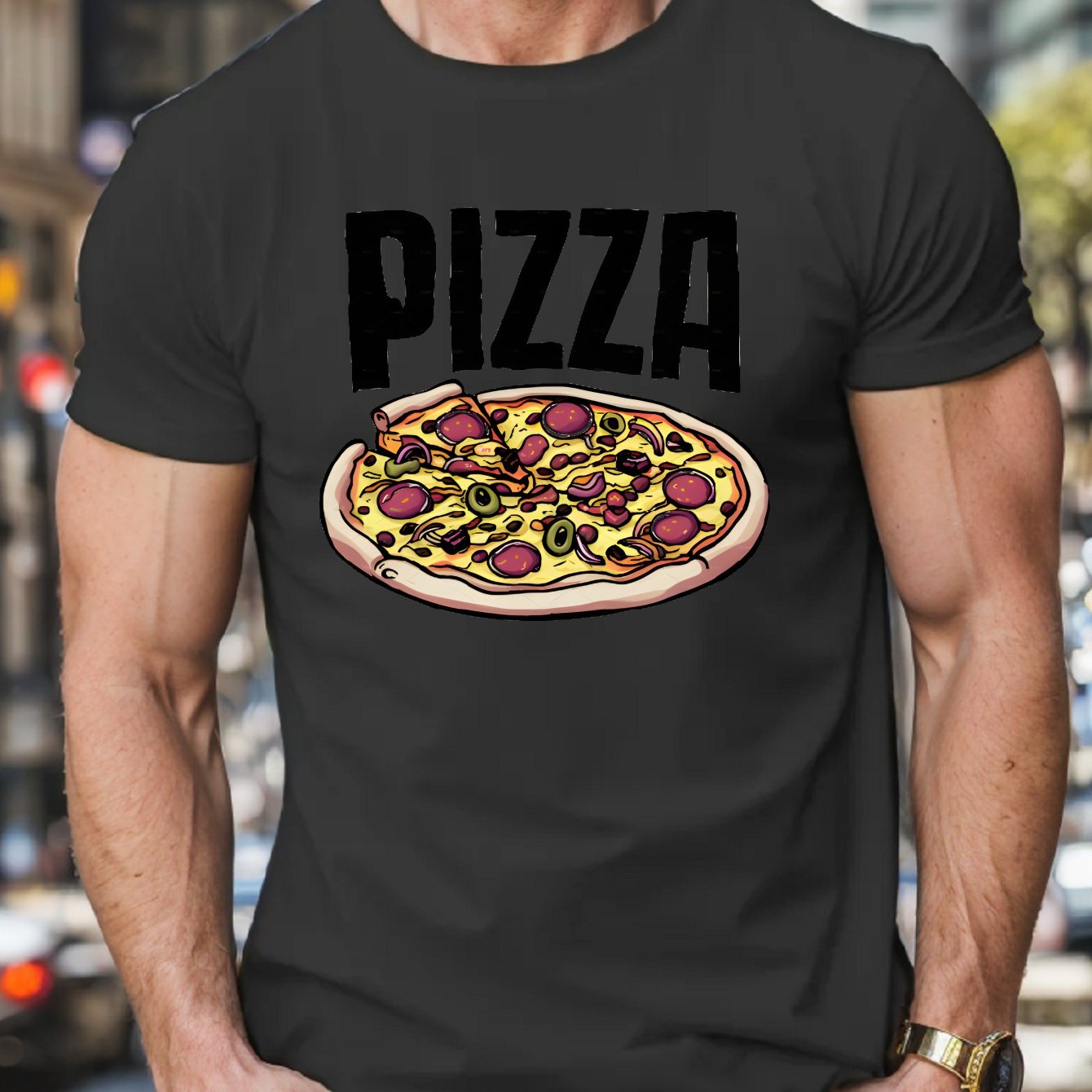 TEMU Men's Casual Pizza Graphic Tee - Soft Polyester, Crew Neck, Short Sleeve Summer T-shirt, Machine Washable