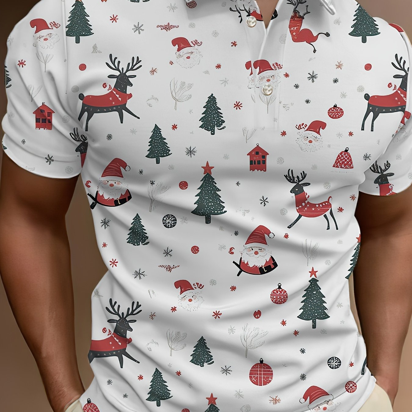 TEMU Summer Casual Lapel Collar Shirt With 3d Digital Christmas Print - 100% Polyester Knit Fabric With Slight Stretch, Button Detail, Regular Fit Short Sleeve Top