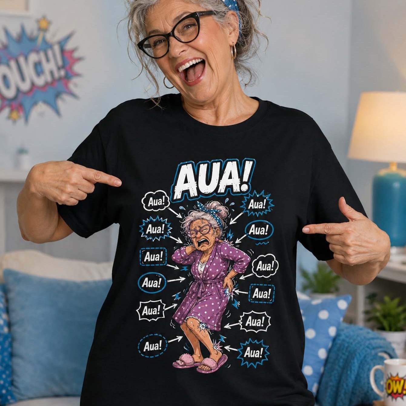 Image of Aua Funny Old Lady Cartoon Graphic Print T Shirt Casual Short Sleeve Black Loose Fit Daily Wear Season Tee
