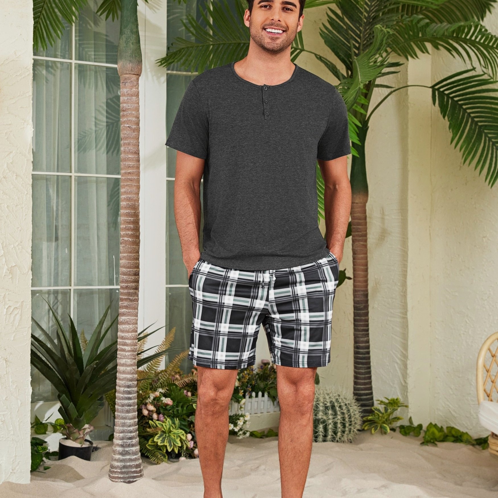 Mens Short Pyjamas Set Classic Sleepwear T-shirt Top With Shorts Bottoms Pjs Set Loungewear Summer