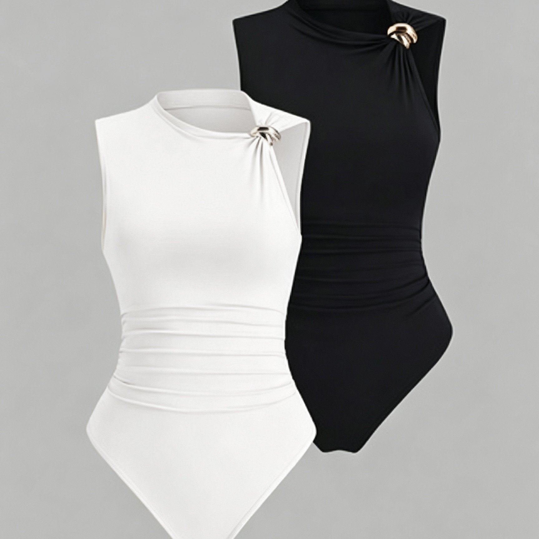 TEMU Ensemble d'été 2 pièces pour femme, haut polyvalent à col rond, boutons métalliques et drapés froncés pour cintrer la taille