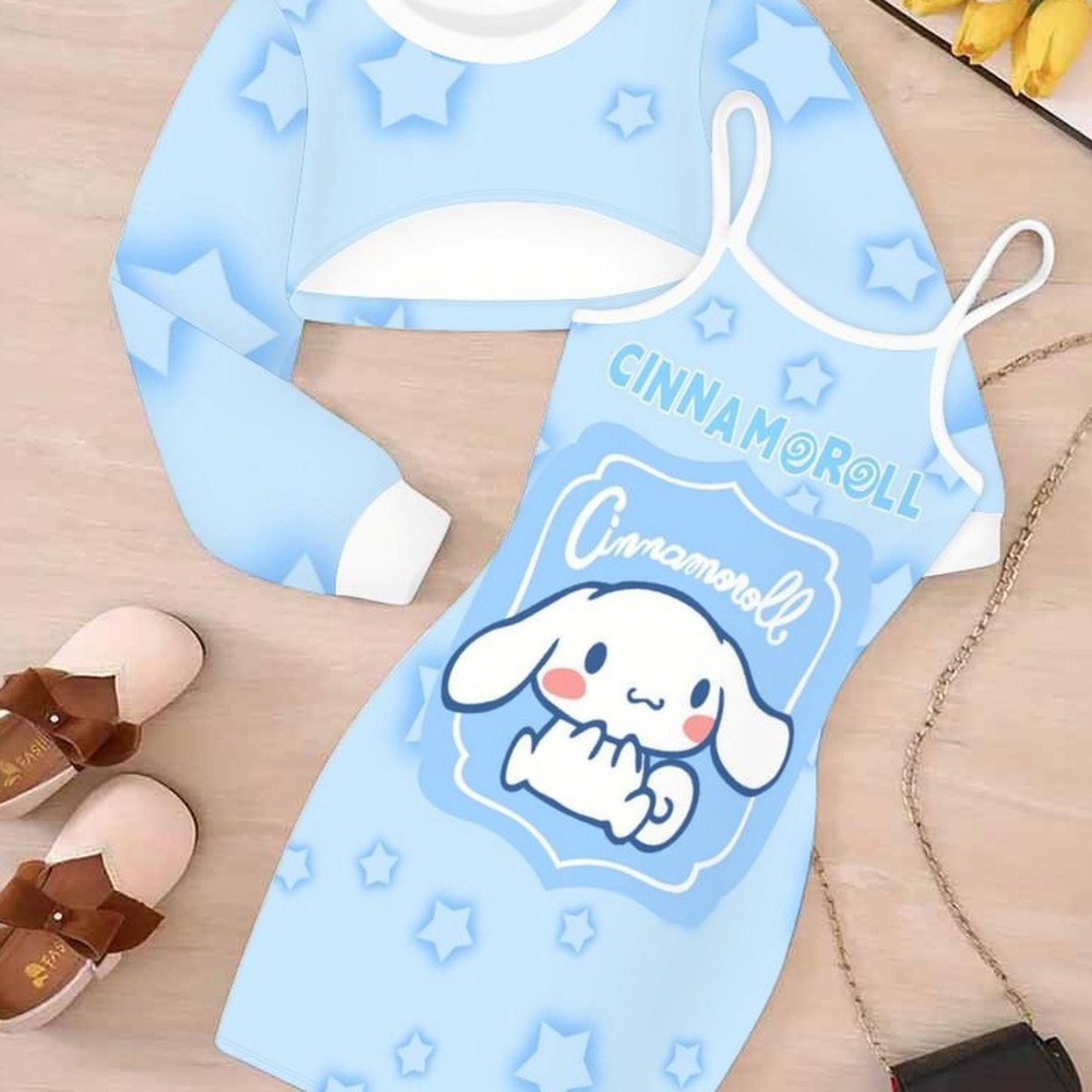 Image of Girls' Clothing Set Casual Versatile Girl And Kuromi Pattern Print Cinnamoroll Long Sleeve Curved Top With Suspender Bodycon Skirt Two-piece Set