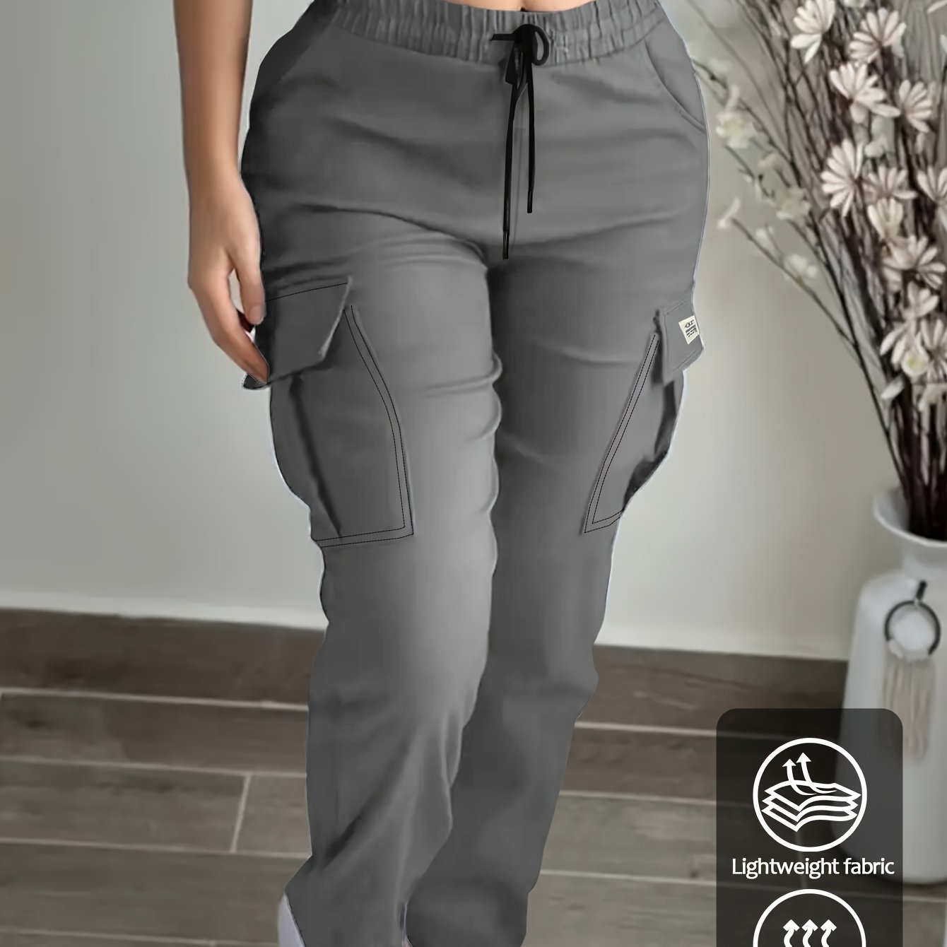 E-shop Damen Frühling/Herbst Cargo-Hose mit , stilvollen Aufnähtaschen, Kordelzug elastischem Bund, Freizeit-Outdoorhose, geeignet für Outdoor-Joggen