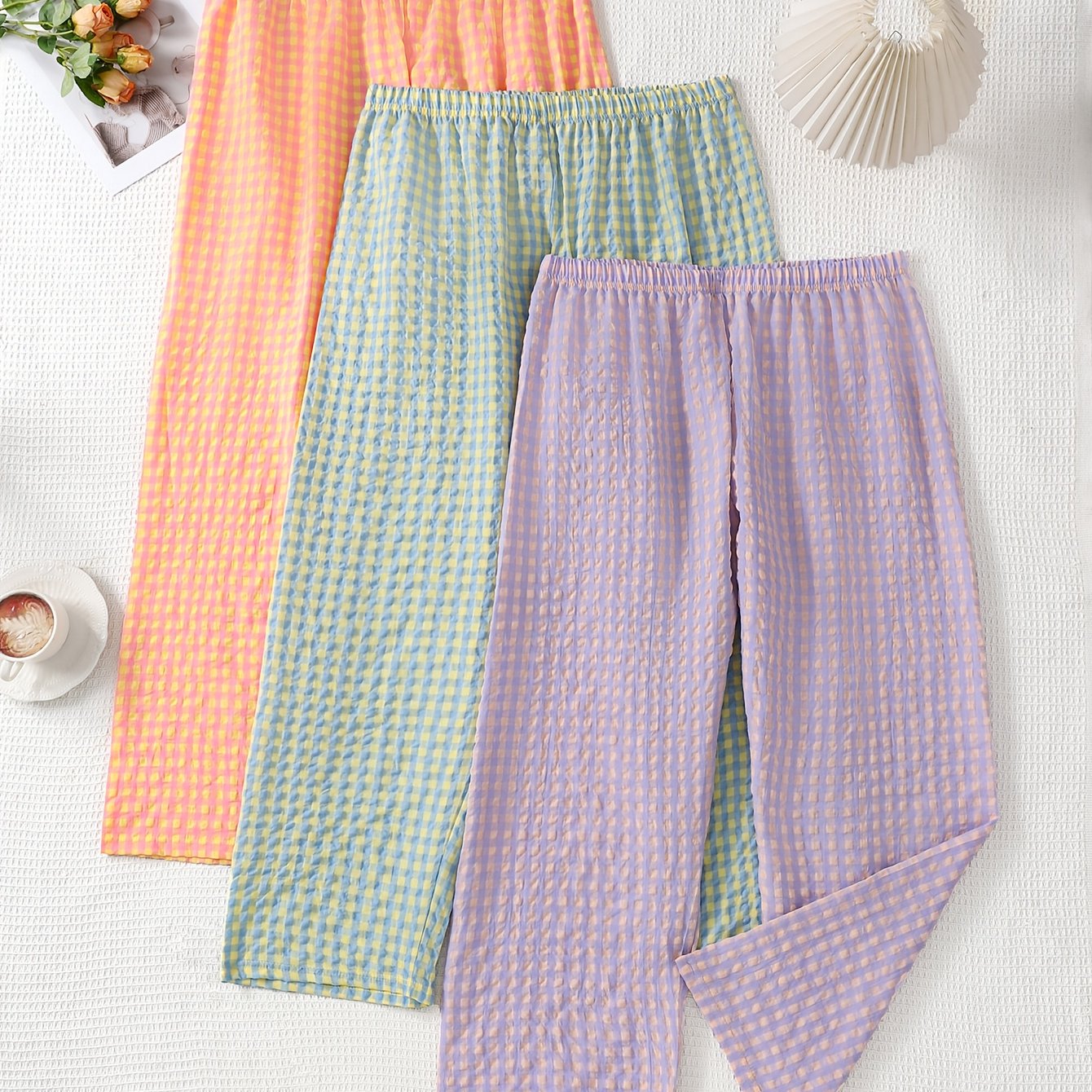 TEMU 3pcs Set Women' Candy Color Fresh Wide-leg Long Pants, Soft Sleepwear