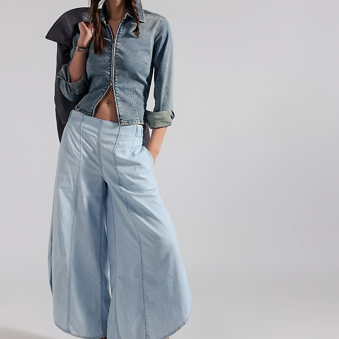 Image of Women' Elastic Waist Cropped Wide Leg Denim Pants - Vintage Washed Straight Leg Trousers With Ankle Length, Wrinkle-resistant Soft Washed Denim Suitable For Urban Streetwear, Casual Outfits & Wear