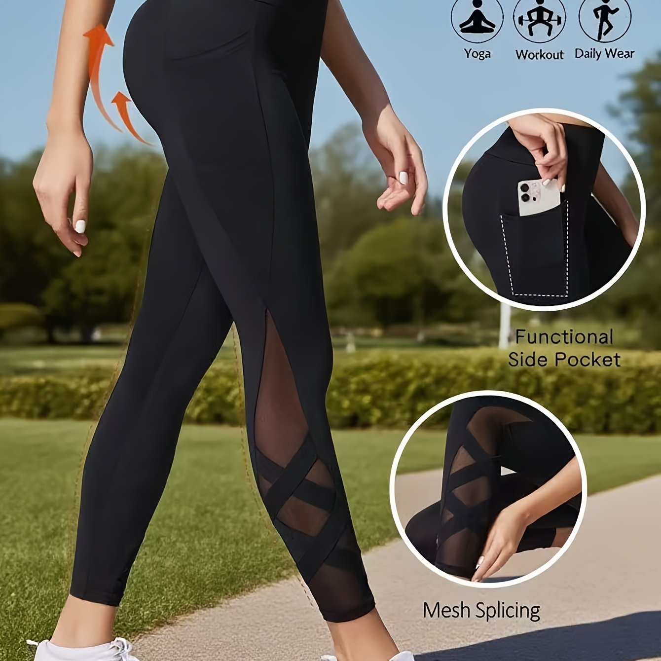 Image of Women's Black Mesh Paneled Leggings, High-waist Tummy Control Workout Yoga Running Tights, Women's Athletic Pants