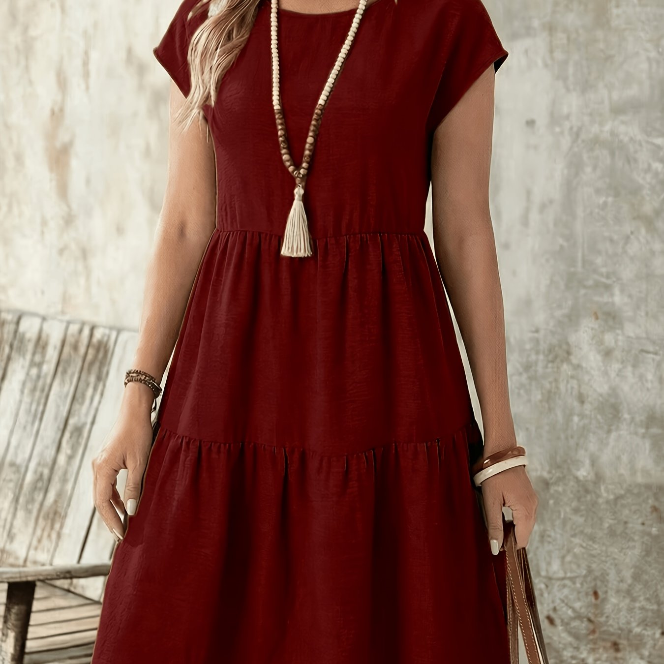 TEMU Middle Eastern Round Neck Solid Color Temperament Fashion Women's Dress Short Sleeve Dress Loose