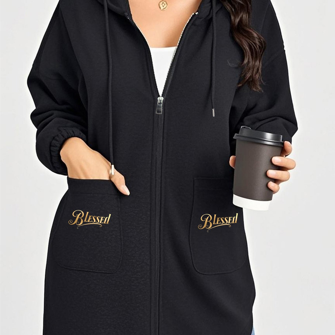 TEMU This Women's Stylish Long Hooded Zip-up Coat Features A U-shaped Pocket And A Printed Design With "blessed" In Golden Artistic Lettering For